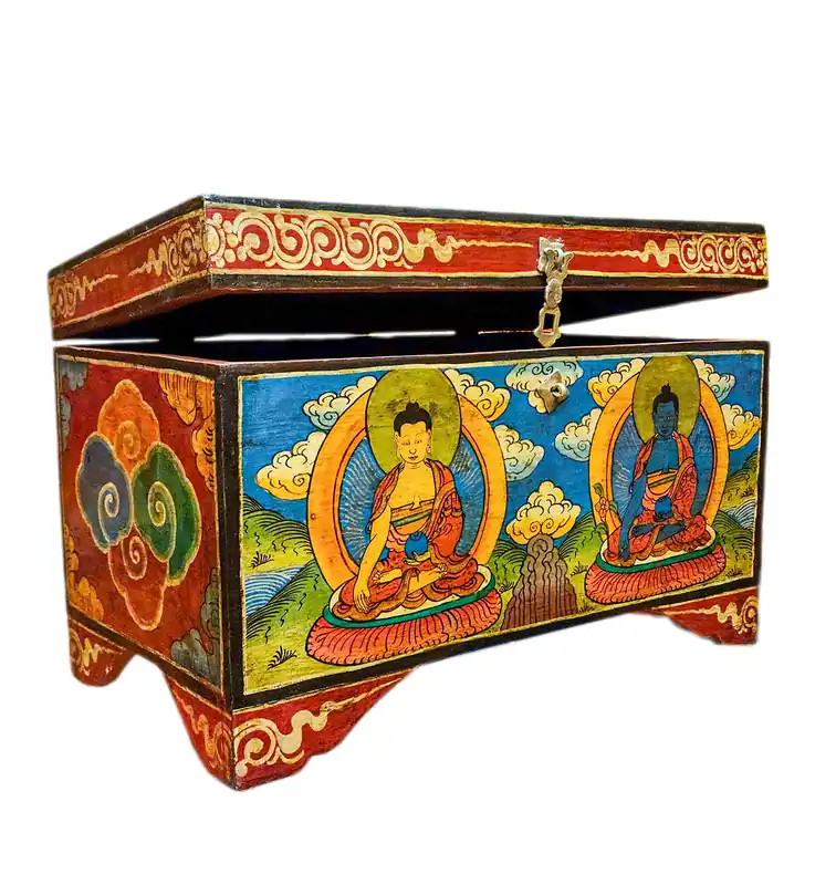 Boîte au trésor tibétaine présentant le Bouddha Shakyamuni et le Bouddha de la médecine