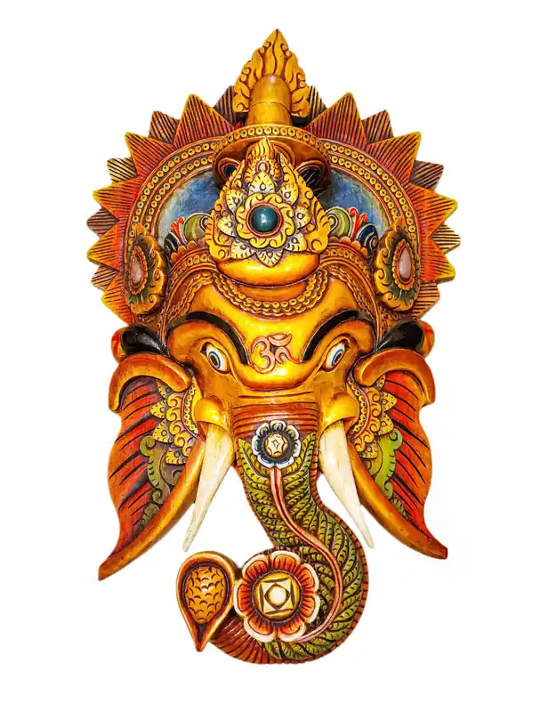 Masque en Bois de Ganesh, Suspension Murale en Bois de Peuplier