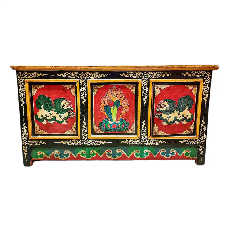 Cabinet en bois tibétain avec motif de lion des neiges