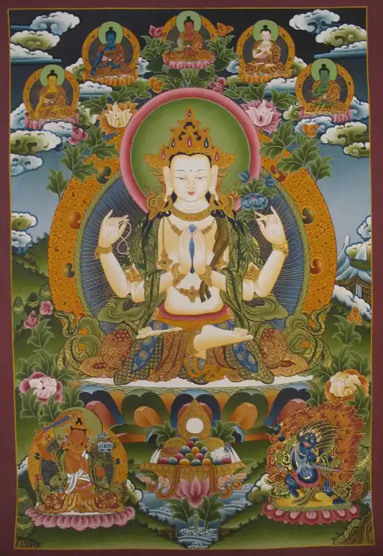 Chenrezig avec 5 Bouddhas, Vajrapani et Manjushri Thangka tibétain