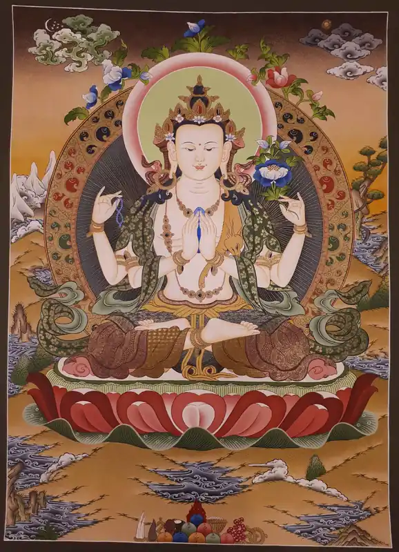Chenrezig Thangka Tibétain Peint à la Main
