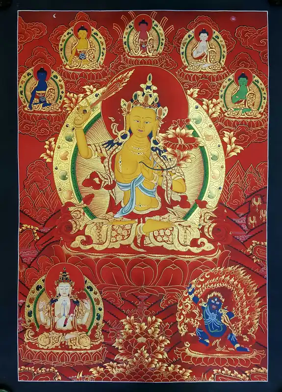 Manjushree avec Pancha Buddha Peinture Tibétaine