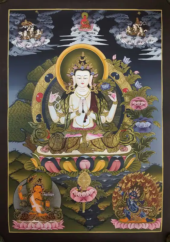 Thangka de Chenrezig avec Manjushri