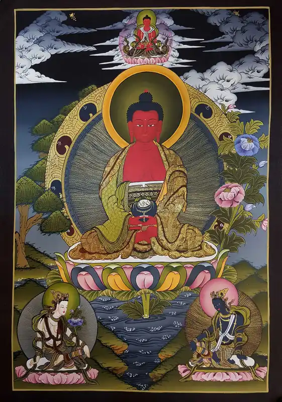 Thangka d’Amitabha Bouddha avec deux déesses de l’offrande