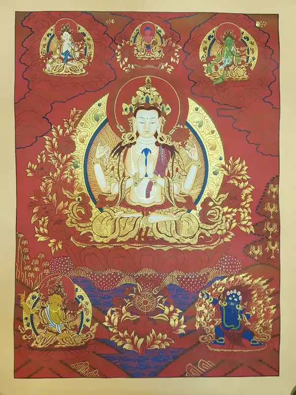 Thangka de Chenrezig avec White Tara