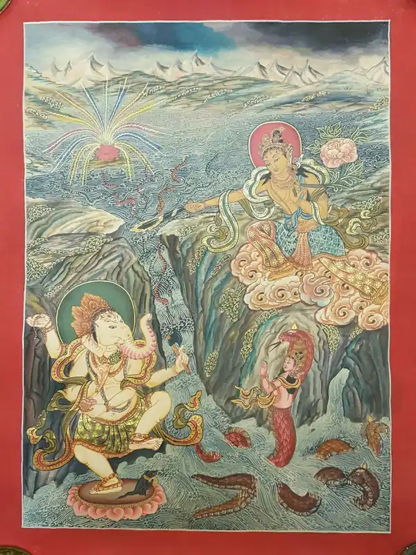 Thangka de Manjushree avec Ganesh