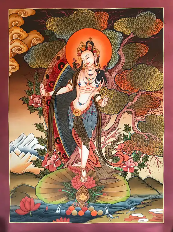 Thangka tibétain de la Tara Blanche dansante