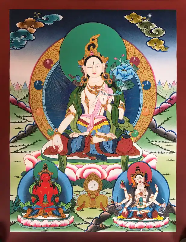 Thangka de la Tara Blanche avec Aparmita et Namgyalma