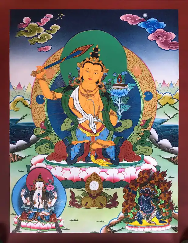 Thangka de Manjushri avec Chenrezig et Vajrapani