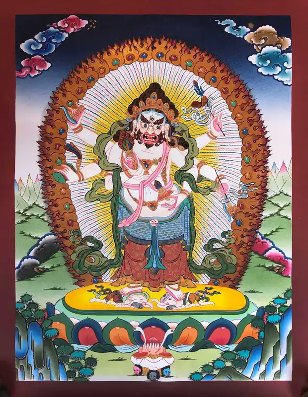 Thangka tibétain de Mahakala Blanc
