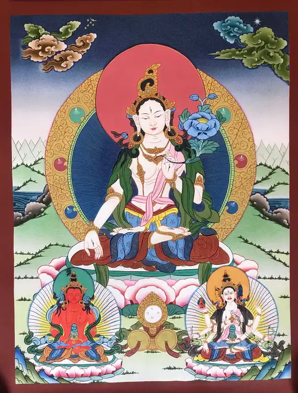 Thangka de Tara Blanche avec Namgyalma et le Bouddha Amitabha