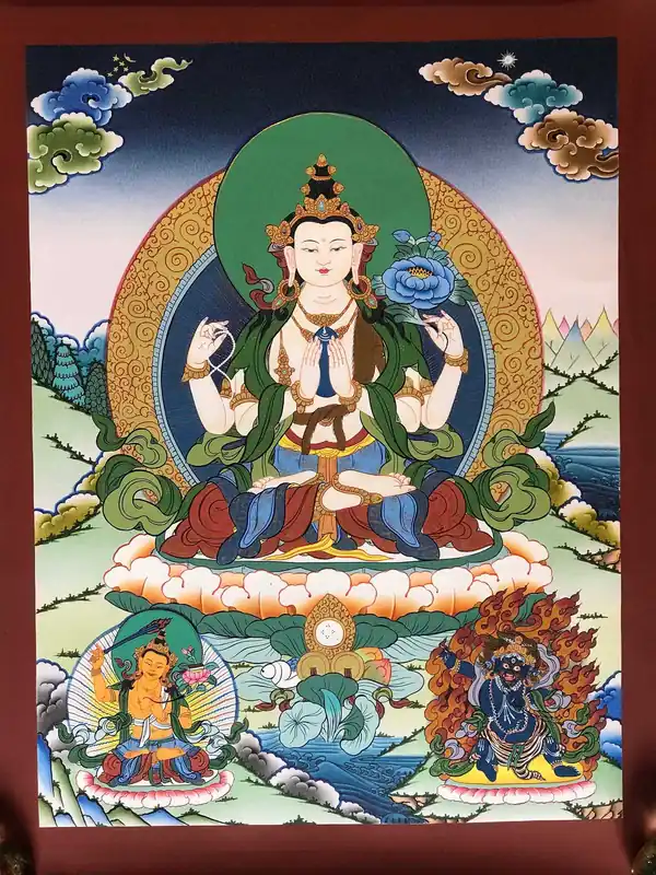 Chenrezig avec Manjusri et Vajrapani – Art tibétain