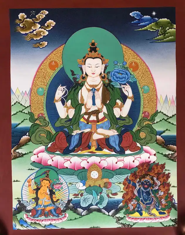Chenrezig avec Vajrapani Thangka bouddhiste