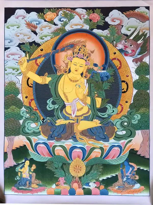 Manjushri avec 2 déesses offrantes Thangka