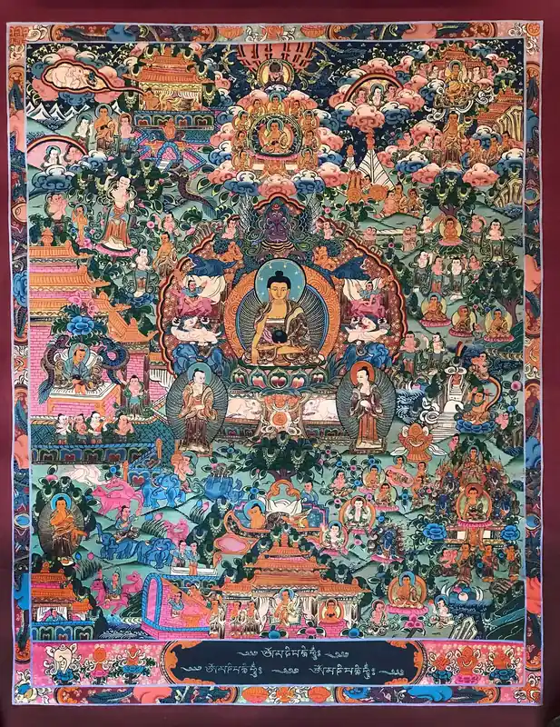 Thangka tibétain de l’histoire de la vie du Bouddha