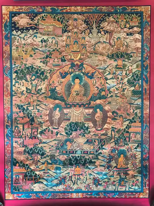 Histoire de la vie du Bouddha Thangka tibétain