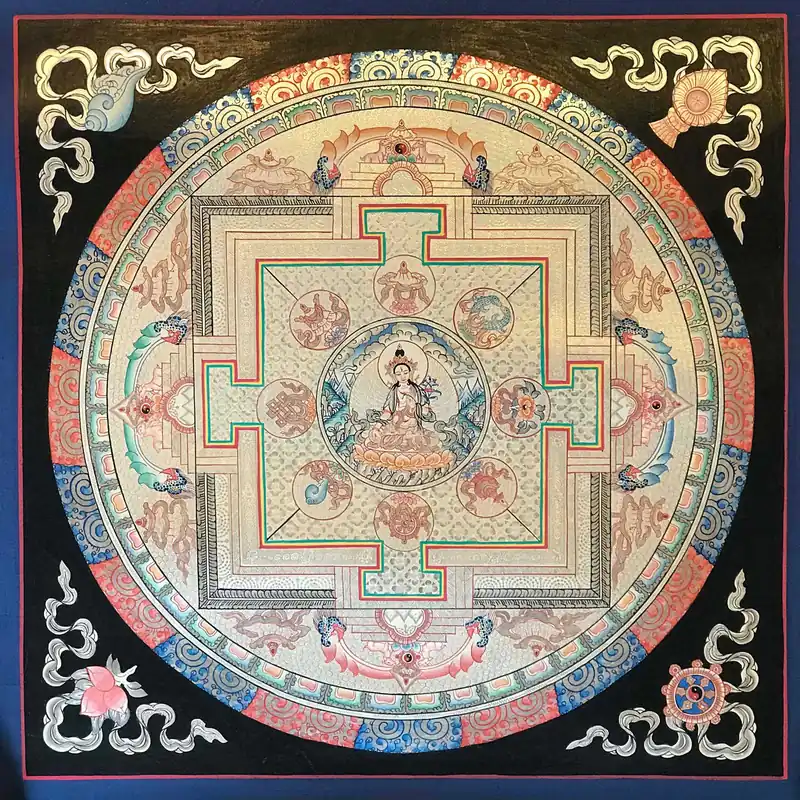 Mandala de la Tara Blanche avec 8 Symboles Auspicieux