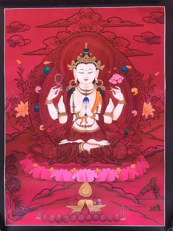 Peinture thangka de Chenrezig avec un fond rouge