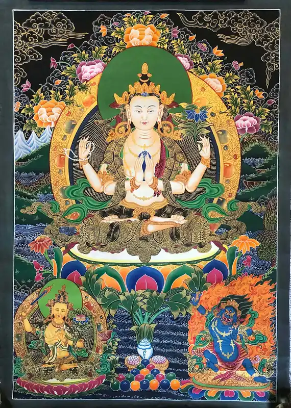Chenrezig avec Vajrapani Thangka Traditionnel