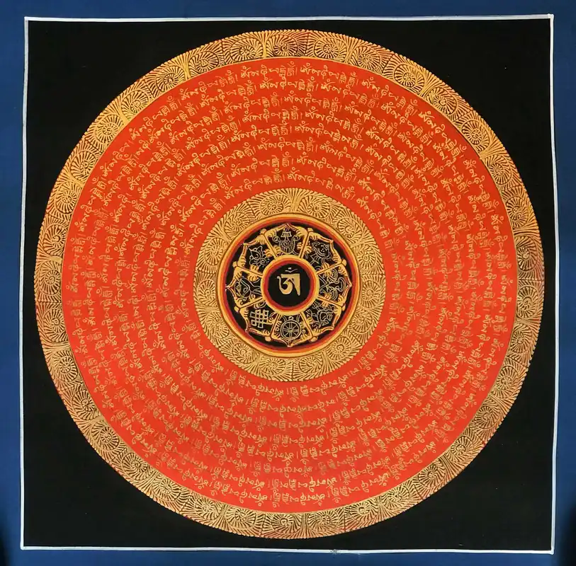 Mandala de Mantra Rouge avec 8 Symboles Auspicieux