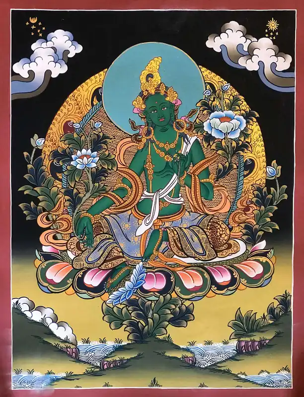 Beau Thangka tibétain de la Belle Tara Verte