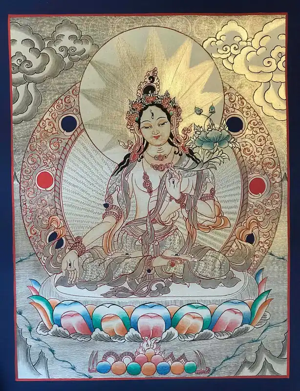 Art thangka de la Tara Blanche en couleur argentée