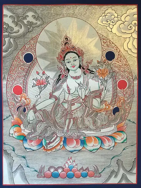 Thangka de Tara Blanche de couleur argentée