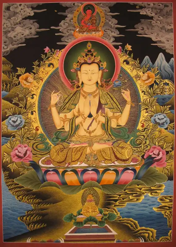 Thangka de Chenrezig avec Bouddha Amitabha