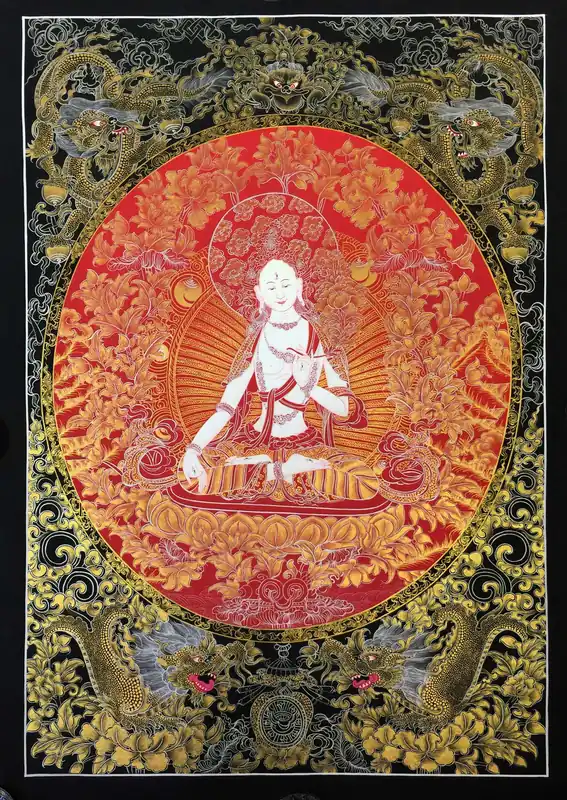 Thangka tibétain de la Blanche avec Dragon