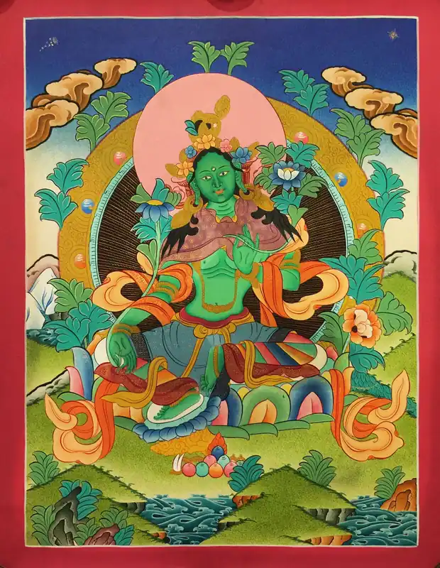Thangka rituel tibétain de la Tara Verte