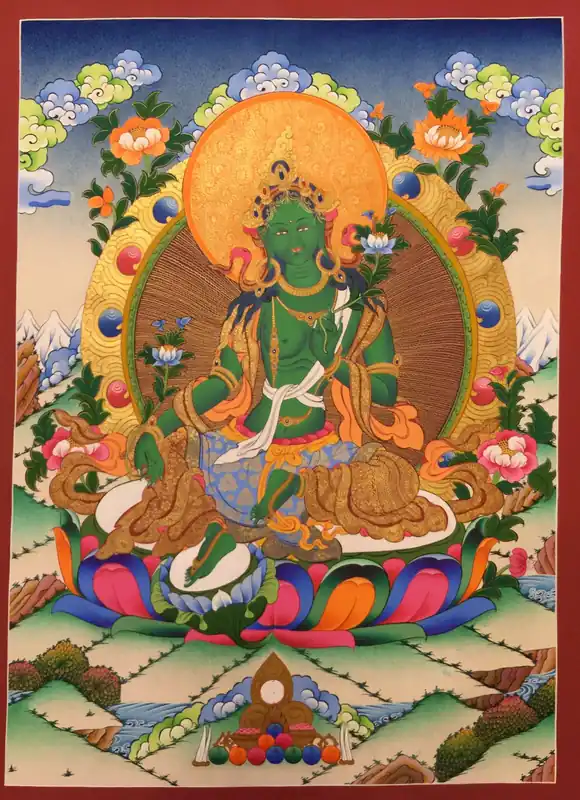 Peinture de Thangka de la Verte Tara, Sauveuse