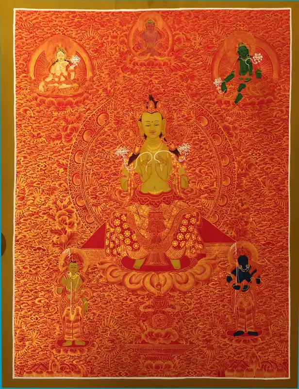 Maîtreya Bouddha avec une thangka de Tara Verte