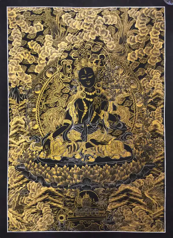 Thangka de Tara Noire et Tara Blanche Dorée