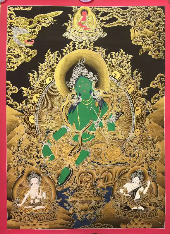 Peinture sur rouleau tibétain de la Tara Verte
