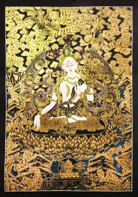 Thangka de la Déesse Blanche Tara – Noir et Or