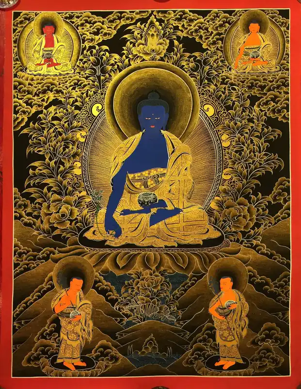Thangka du Bouddha de la Médecine avec le Bouddha Amitabha