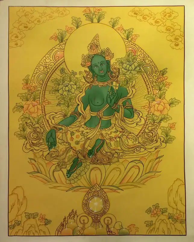 Thangka de Green Tara avec un fond jaune