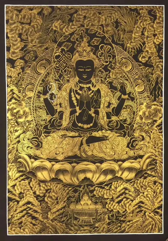 Thangka tibétain de Chenrezig noir et or
