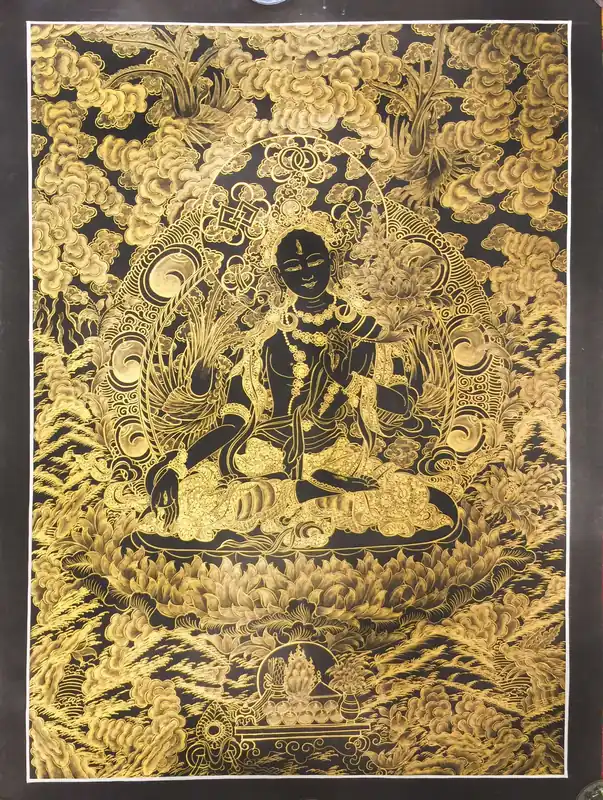 Bouddha féminin – Thangka noir et doré