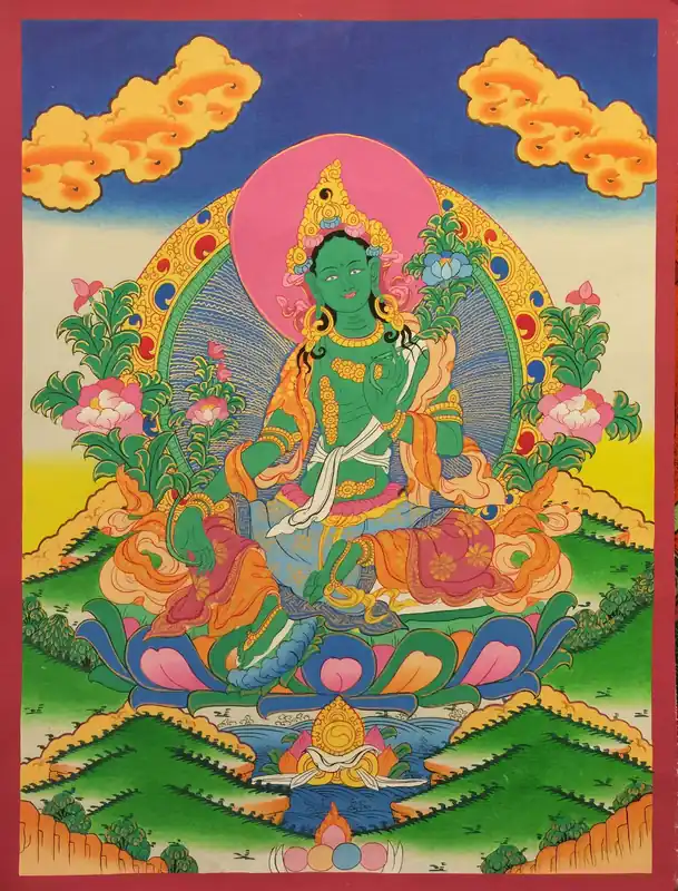 Thangka tibétain de la divinité de Tara Verte