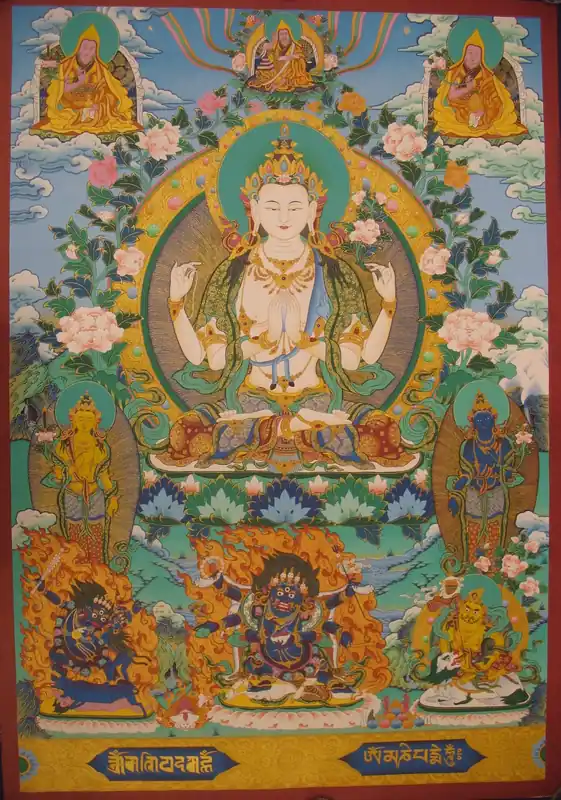 Peinture Thangka tibétaine de Chenrezig