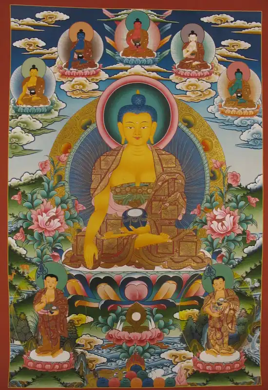 Peinture tibétaine de Shakyamuni avec les Pancha Bouddhas
