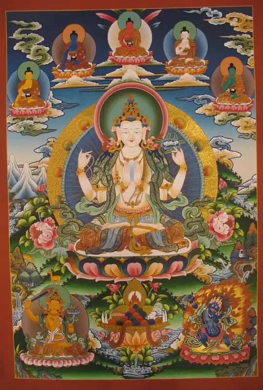 Peinture thangka de Chenrezig avec les 5 Bouddhas Dhyani