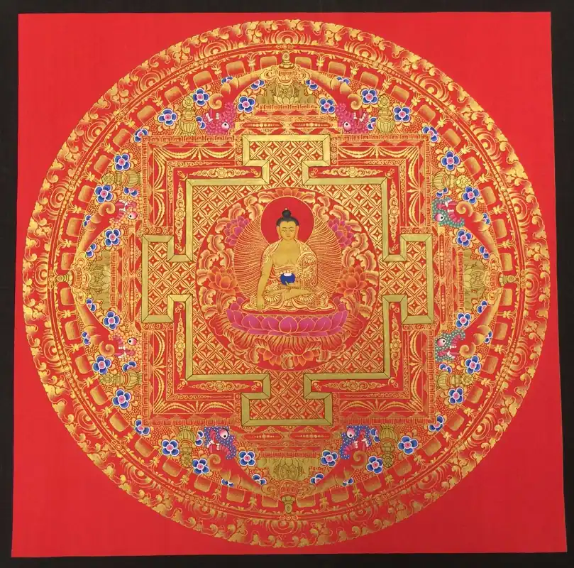 Mandala tibétain de Shakyamuni Bouddha avec des fleurs
