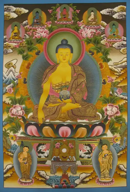 Peinture traditionnelle de Shakyamuni avec les Pancha Bouddhas