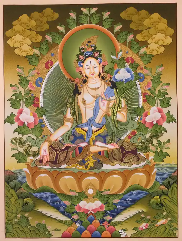 Thangka tibétain de la déesse Tara Blanche