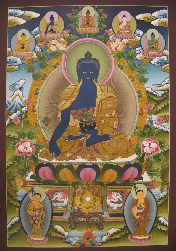 Bouddha de la Médecine avec Thangka des Pancha Bouddhas