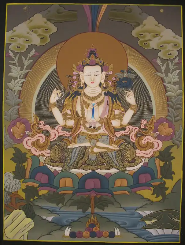Thangka tibétain du Bouddhiste Chenrezig