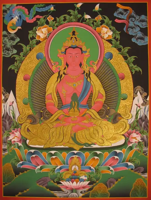 Thangka tibétain d’Amitayus Bouddha