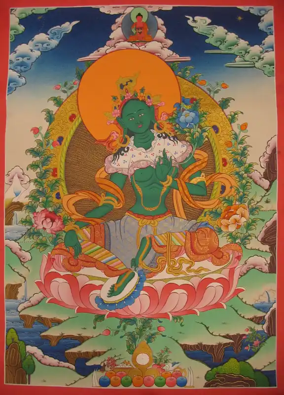 Thangka de la Tara Verte avec le Bouddha Amitabha